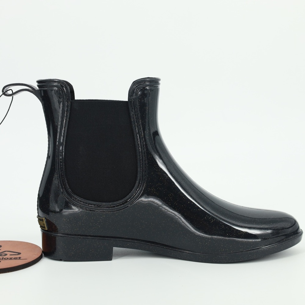 NWT JUICY COUTURE Rori Black With Gold Sparkle Ankle Rain Boots